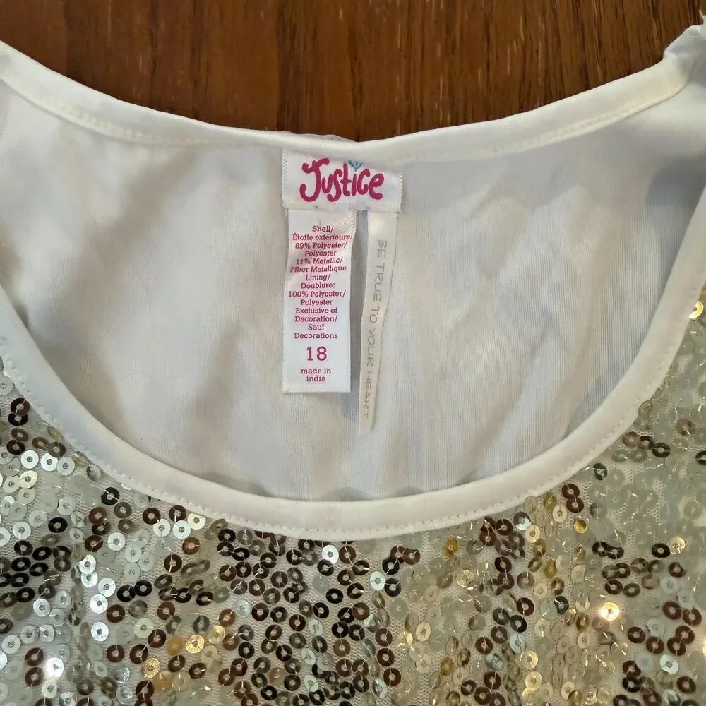 Justice Sequin Tiered Tank Top Ivory Gold Glitter Fairycore Party Size 18